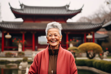 Portrait of happy asian senior woman in chinese temple.の素材