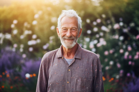 Portrait of a smiling senior man standing in the garden at sunsetの素材