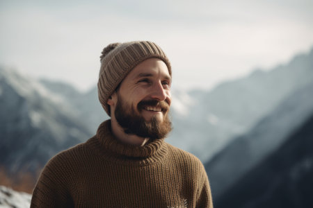 Portrait of a bearded man in a warm sweater and a knitted hat against the background of mountains.の素材