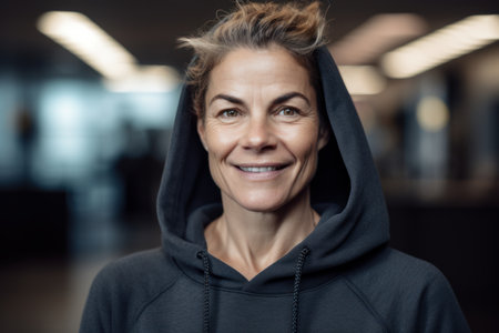 Portrait of smiling mature woman in hoodie looking at camera in gymの素材