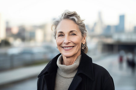 Portrait of smiling senior woman in black coat on blurred city backgroundの素材