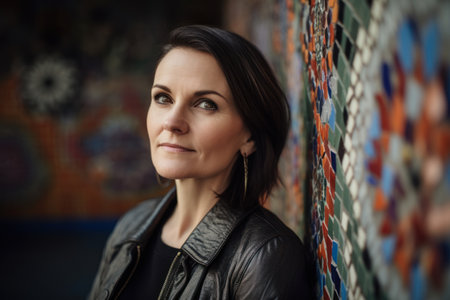 Portrait of a beautiful young woman in a leather jacket against a wallの素材
