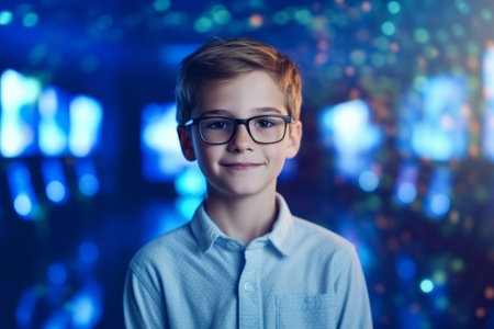 Portrait of a boy in glasses against the background of the night cityの素材
