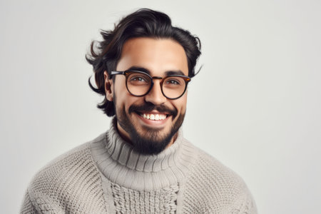 Portrait of handsome young man in eyeglasses smiling at cameraの素材