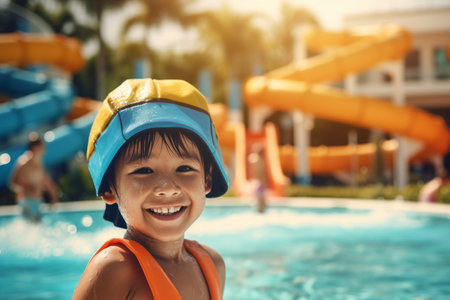 Happy asian child in swimming pool. Kid playing in water park.の素材