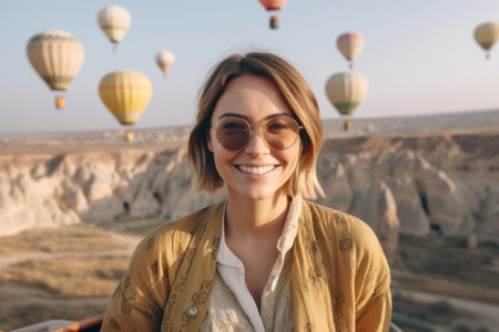 Portrait of smiling young woman in sunglasses looking at camera while standing with hot air balloons flying in backgroundの素材