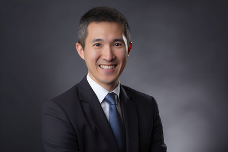 Portrait of a young asian business man on gray background.の素材