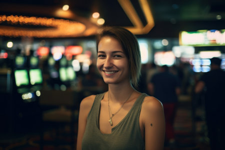 Portrait of a beautiful young woman smiling in a casino. Blurred background.の素材