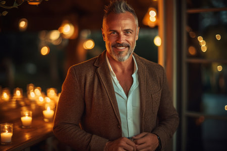 Portrait of a handsome mature man standing in a restaurant and smiling.の素材