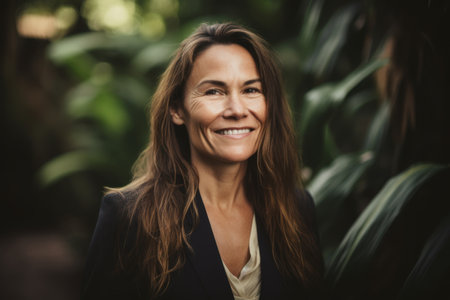 Portrait of a smiling businesswoman with long brown hair wearing a suitの素材