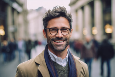 Portrait of handsome bearded man with eyeglasses in the cityの素材