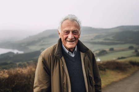 Portrait of a senior man standing in the countryside on a foggy dayの素材