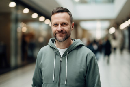 Portrait of a bearded man in a green hoodie standing in a shopping centerの素材