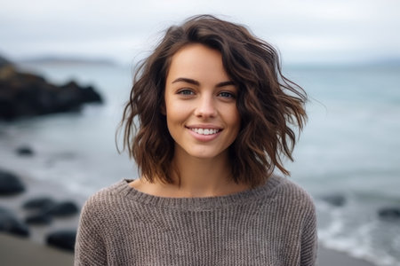Portrait of a beautiful young woman smiling at the camera on the beachの素材