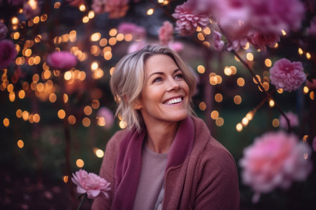 Blonde woman with pink flowers on the background of blooming sakura.の素材