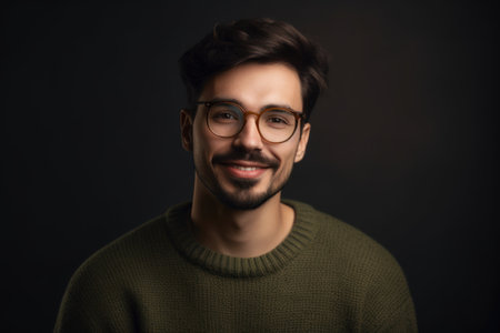 Portrait of a happy young man with glasses on a dark backgroundの素材