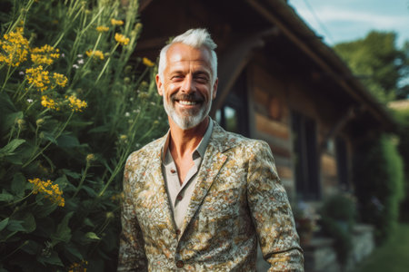 Portrait of a happy senior man standing in front of his houseの素材
