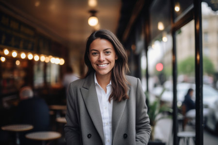 Portrait of a smiling businesswoman standing in a cafe and looking at the cameraの素材