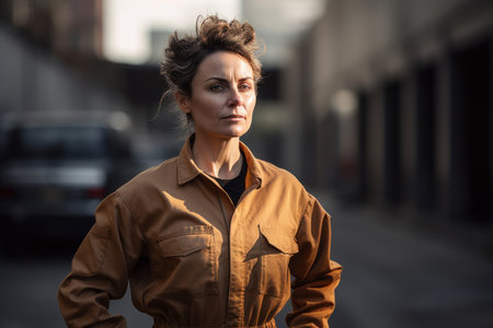 young beautiful hipster woman in brown trench coat walking in the cityの素材