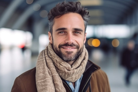 Portrait of handsome man wearing coat and scarf at the train stationの素材