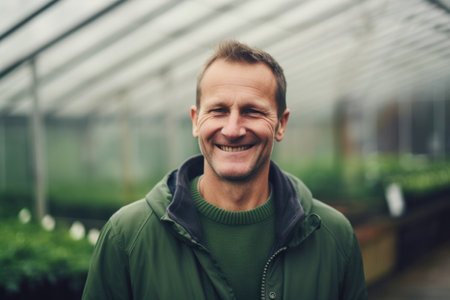 Portrait of a smiling man in a green jacket in a greenhouseの素材