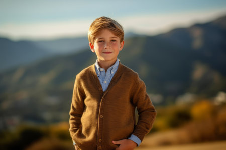 Portrait of a cute little boy in the mountains at sunset.の素材
