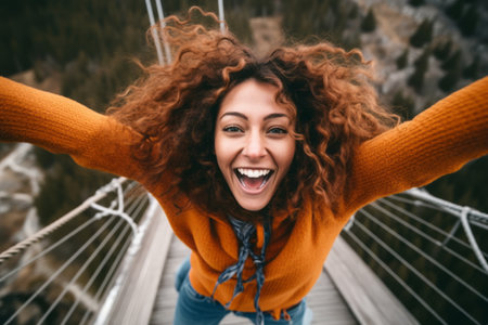 Beautiful young woman with long curly hair is smiling while standing on the suspension bridgeの素材