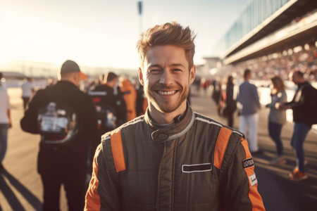 Portrait of a handsome young man smiling at the camera while standing on the race trackの素材