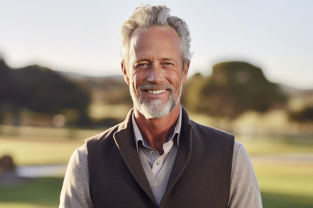 Portrait of smiling senior man standing in golf course on a sunny dayの素材