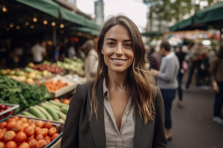 Beautiful young woman shopping at the local farmers market in London.の素材