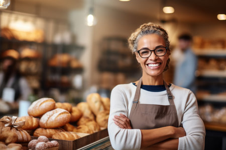 Portrait of smiling female staff standing with arms crossed in bakery shopの素材