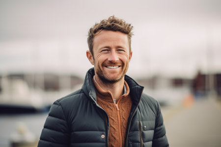 Portrait of handsome young man smiling at camera while standing on pierの素材