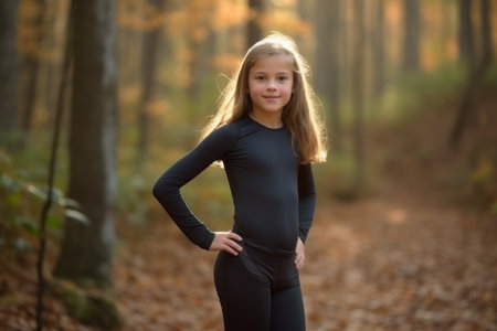 Portrait of a beautiful little girl in a black bodysuit.の素材