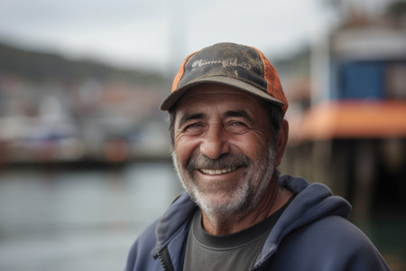Portrait of a smiling senior man standing in front of a boat.の素材