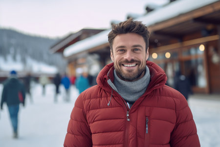 Portrait of a handsome young man in a red jacket on the background of a winter resortの素材