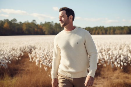 Handsome man standing among cotton flowers in field on sunny dayの素材