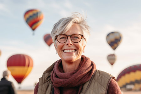 Mature woman with eyeglasses on the background of hot air balloonsの素材
