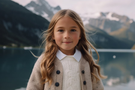 Portrait of a beautiful little girl on the background of mountains and lakeの素材