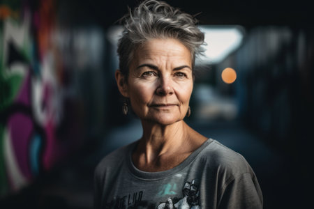 Portrait of a beautiful mature woman with short hair in the cityの素材