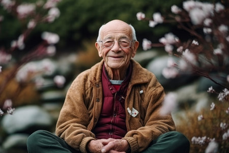 Portrait of an elderly man sitting on the ground in the gardenの素材