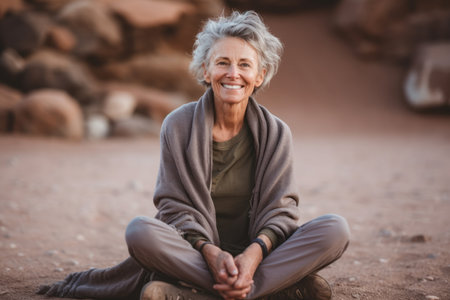 Portrait of smiling senior woman sitting on ground in park during daytimeの素材
