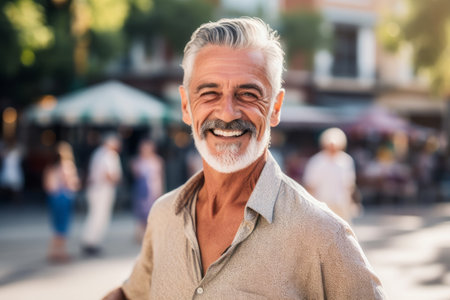 Portrait of senior man smiling at camera while walking in city streetの素材