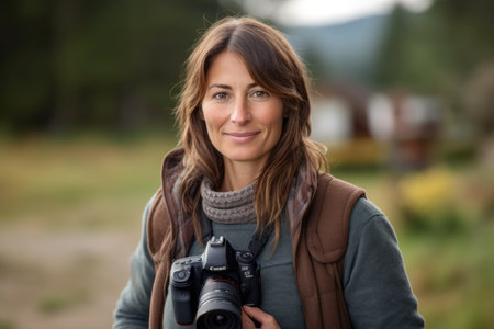 Portrait of smiling female photographer with digital camera in the countryside.の素材