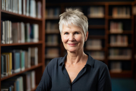 Portrait of a smiling senior woman in a library with bookshelvesの素材
