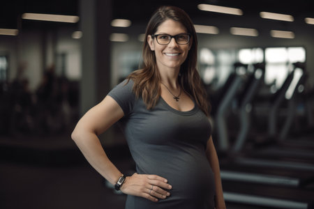 Portrait of a smiling pregnant woman standing with arms crossed at the gymの素材