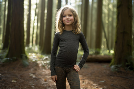 Portrait of a beautiful little girl standing in the forest and looking at cameraの素材
