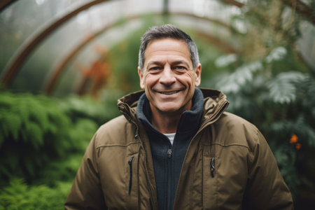 Portrait of a smiling middle-aged man standing in a greenhouseの素材