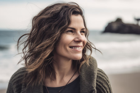 Portrait of a beautiful young woman smiling on the beach in autumnの素材