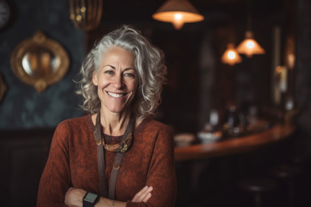 Portrait of smiling senior woman standing with arms crossed in coffee shopの素材