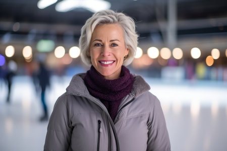 Portrait of happy senior woman in winter clothes standing in shopping mallの素材